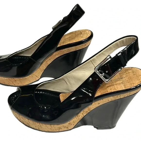 Donald J. Pliner shoes,8.5,cork,black patent leather sling back platform wedge - Picture 10 of 14